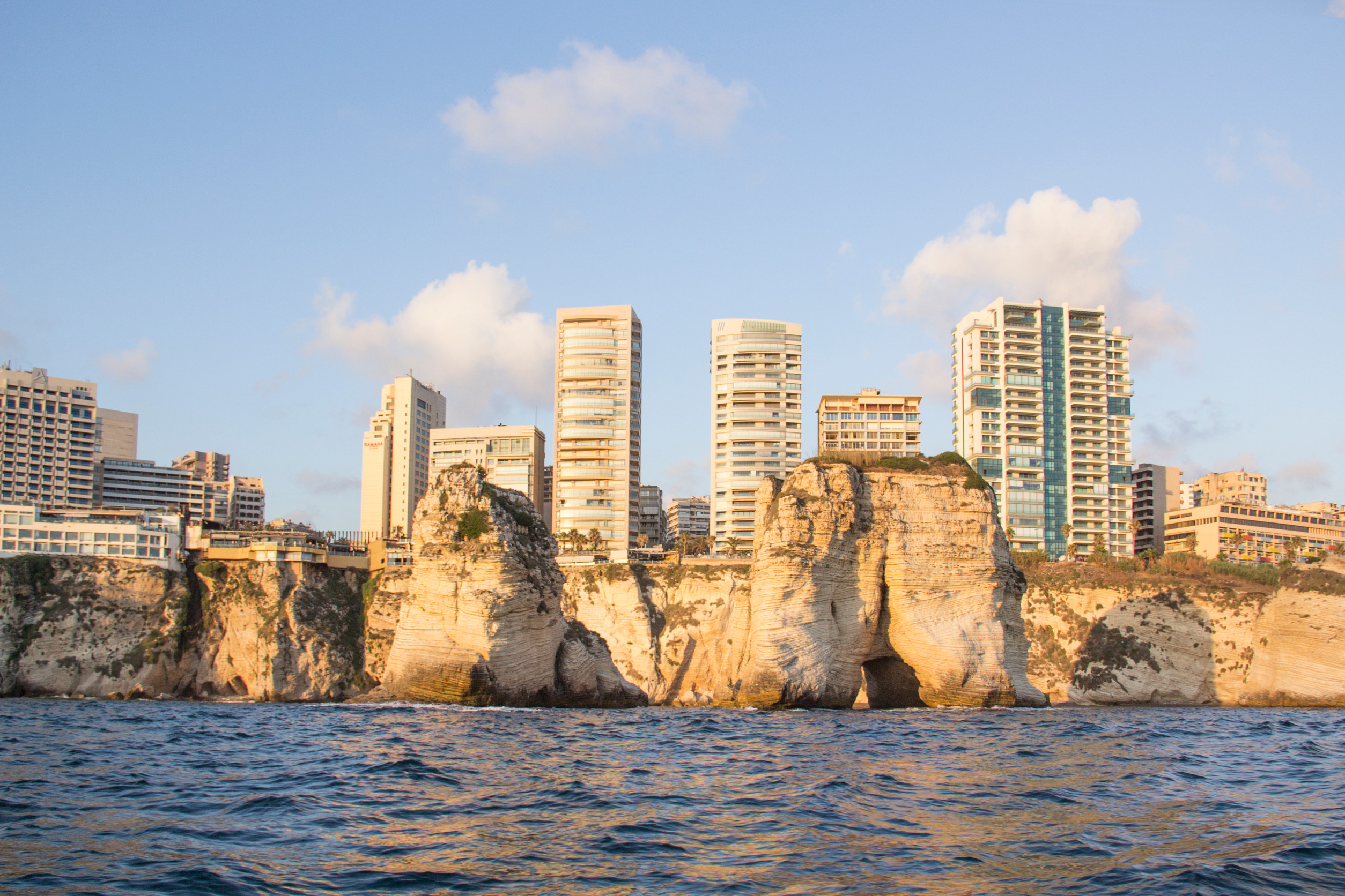 beautiful view of the pigeon rocks on the promenade in the center of beirut lebanon